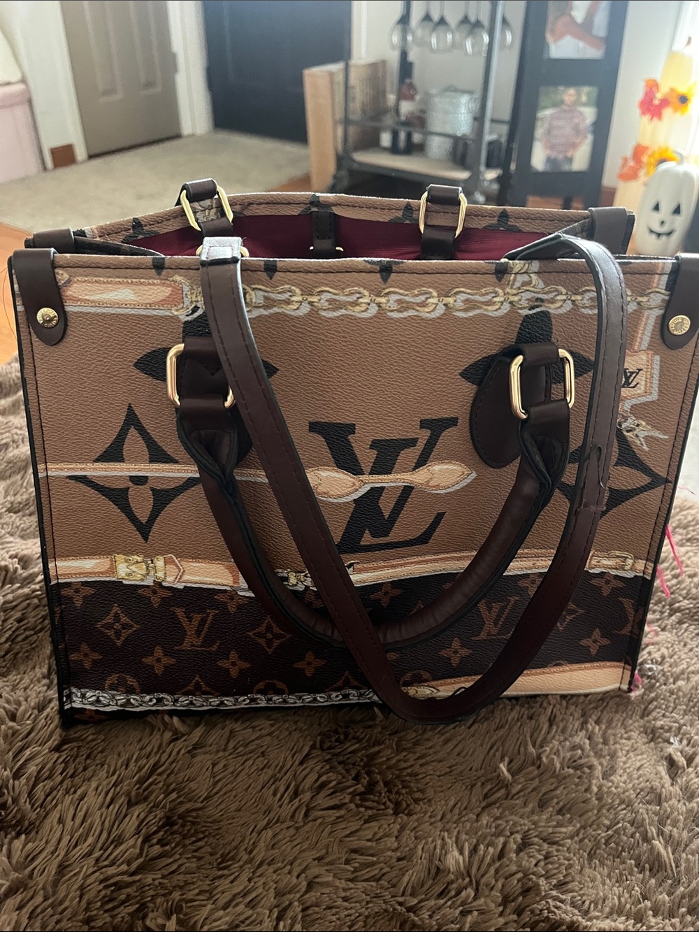 Designer Monogram Canvas Tote in Beige & Brown